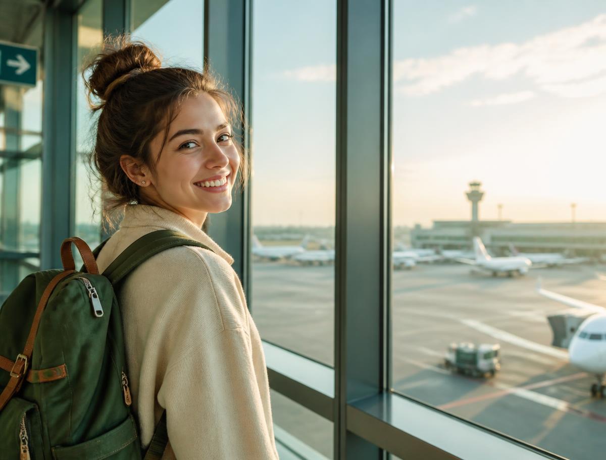 A young au pair with a backpack at an airport
